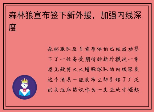 森林狼宣布签下新外援，加强内线深度